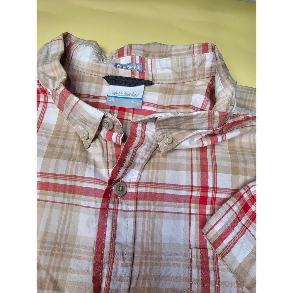 Columbia Mens Plaid Short Sleeve Button Up Shirt Regular Fit XXL‎ Tan Red White
